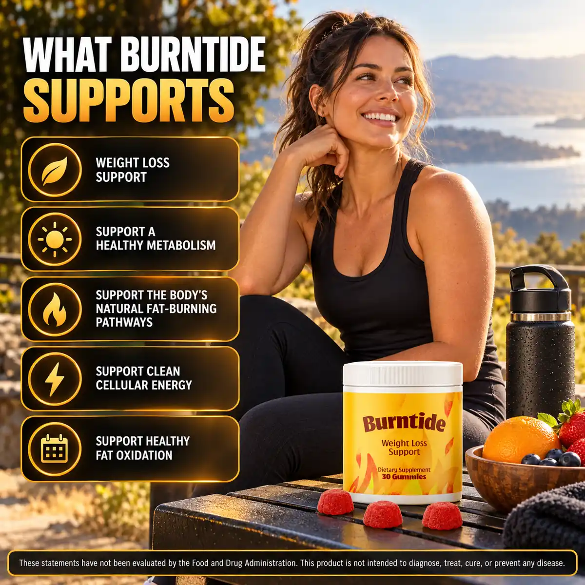 The Burntide listing panel showing the five supports printed on the label